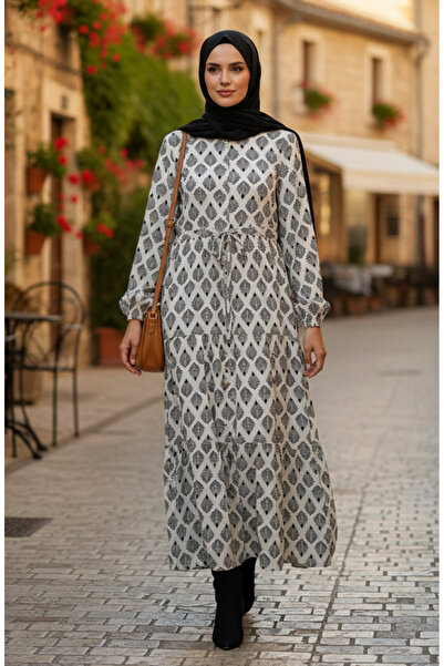 sefamerve Leaf Patterned Half Buttoned Viscose Hijab Dress 2200-04 Beige