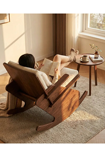 PRAKTURA CUBIC Ceviz Doğal Ahşap, Krem Keten , Sallanan Koltuk, Dinlenme Tv S...