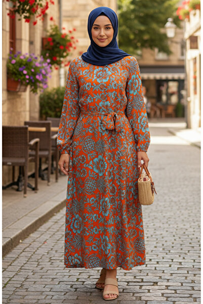 sefamerve Desenli Kuşaklı Viskon Tesettür Elbise 2202-04 Kiremit Mavi