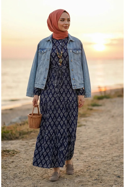 sefamerve Leaf Patterned Half Buttoned Viscose Hijab Dress 2200-05 Navy Blue