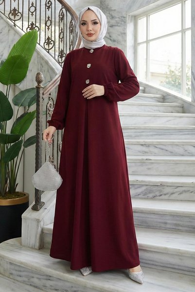 hafsamina Button Detailed a Pile Hijab Dress Burgundy Hm2889