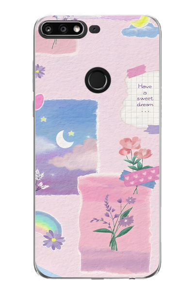FLAMENKO Huawei Y7 2018 Compatible Pastel Floral Moon and Rainbow Pattern Tra...