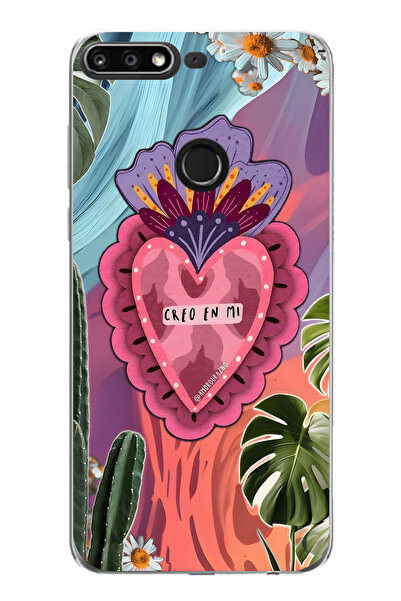FLAMENKO حافظة هاتف شفافة متوافقة مع هاتف هواوي Y7 2018 بنمط قلب وزهور ملونة
