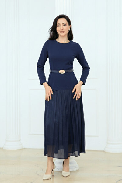 BEYBOS Üst Atlas Alt Chiffon Fabric Dress - Dark Blue