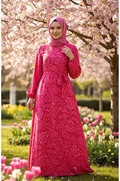 sefamerve Desenli Kuşaklı Viskon Tesettür Elbise 2202-06 Pembe