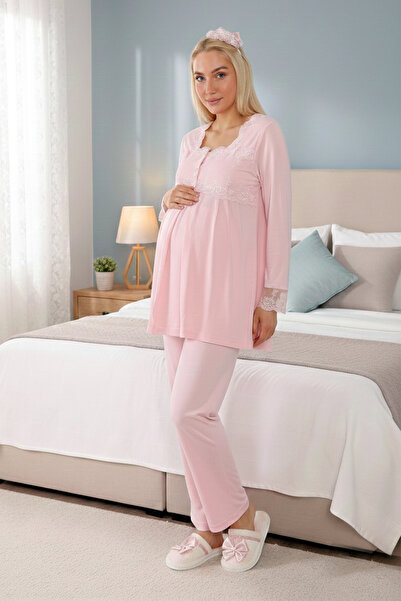 lohusahamile Lace Detailed Cotton Long Sleeve Maternity Pajama Set