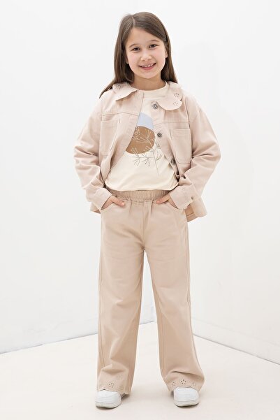 Cansın Mini Set 3 piese pentru fetiță: Jachetă cu guler cu flori bej și panta...