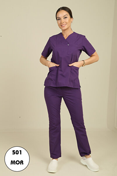 DENİZ İŞ طقم سكرابز نسائي من قماش التيركوتون ذو ياقة مطوية - أرجواني