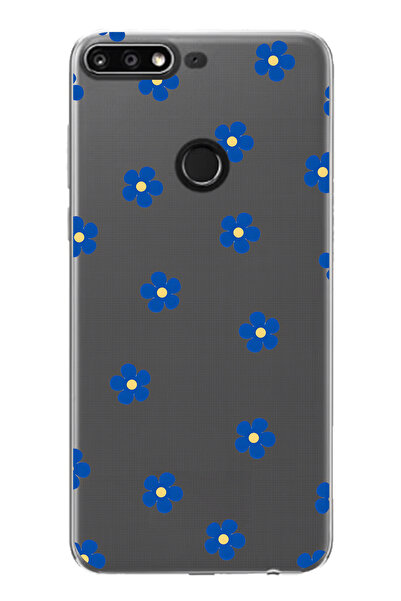 FLAMENKO حافظة هاتف شفافة متوافقة مع هواوي Y7 2018 بنمط زهرة زرقاء
