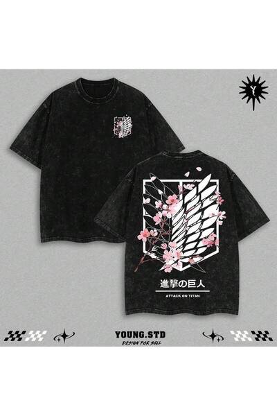 PENTHİLUS تي شيرت مطبوع عليه "أجنحة الحرية" من أنيمي للجنسين - Eren Acid Wash...