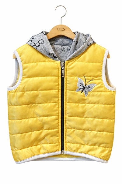 ues Girl's Yellow Hooded Puffer Vest with Butterfly Embroidery