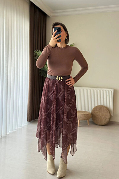 Kubos Moda Asymmetrical Cut Lined Burgundy Chiffon Skirt