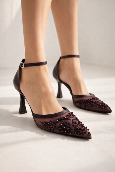 Parıltı Elvanora Women's Burgundy Pearl Embroidered Transparent Tulle Pointed...