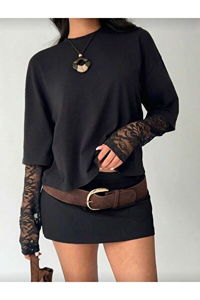 khar Women's Long Sleeve Lace Detailed Blouse Transparent Sleeve Stylish Basi...