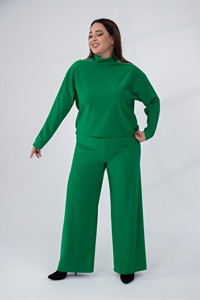 Roxxlen Plus Size Women's Shoulder-Studded Zipper Suit Green
