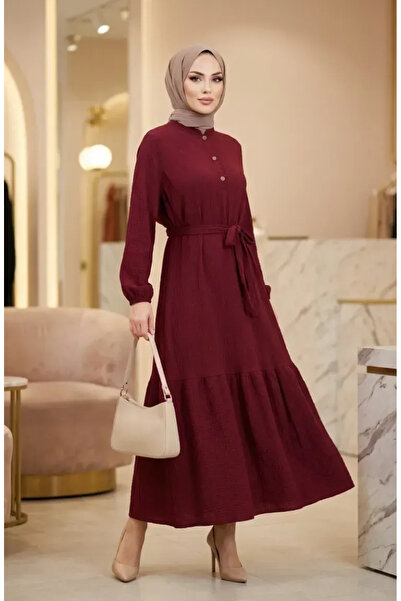 sefamerve Φόρεμα Τεσεττούρ με Ζώνη από Ύφασμα Μπουρούμτσουκ 2236-03 Κερασί