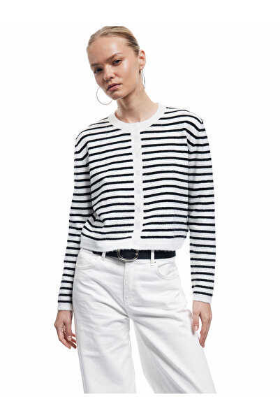 Koton Striped Buttoned Long Sleeve Crew Neck Cardigan