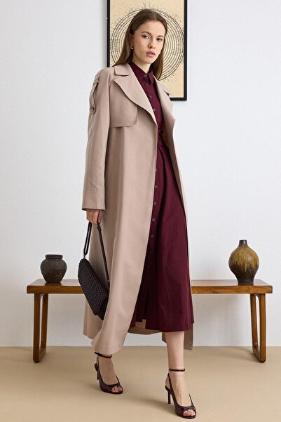 Olcay Unlined Long Trench Coat with Epaulet and Cape Detail Vi̇zon 6808
