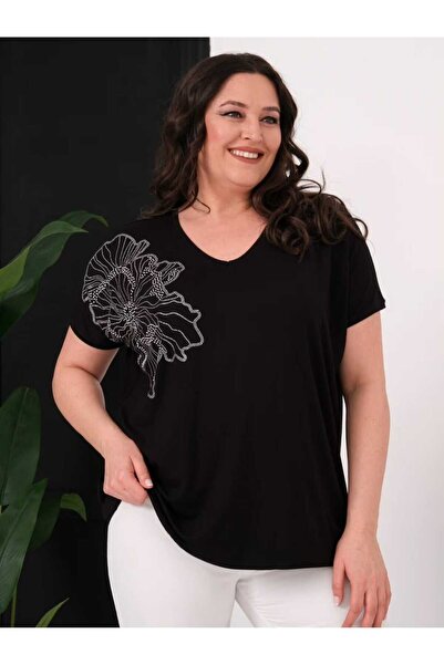 Esina Women's V-Neck Stone Detailed Viscose Blouse