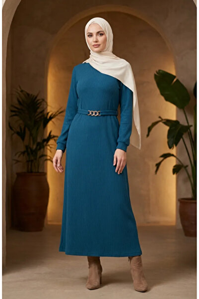 sefamerve Corded Belted Hijab Dress 2226-03 Petrol