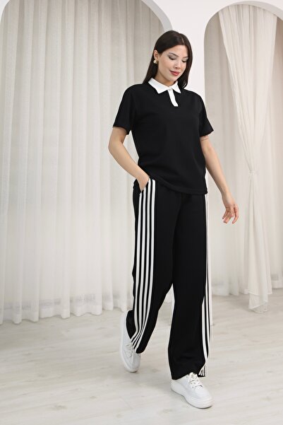 chize Button Detailed Polo Collar Striped Wide Leg Modal Fabric Tracksuit Set
