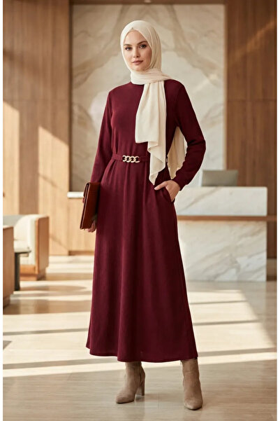 sefamerve Corded Belted Hijab Dress 2226-05 Claret Red