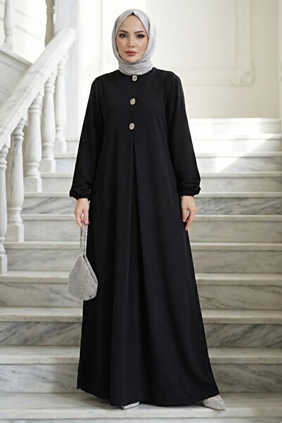 hafsamina Button Detailed a Pile Hijab Dress Black Hm2889