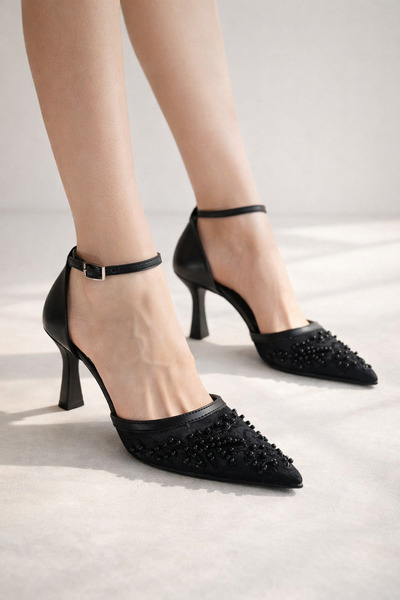 Parıltı Elvanora Women's Black Pearl Embroidered Transparent Tulle Pointed To...