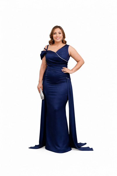 Donna Miranda Likralı Tafta Kruvaze Yaka Tek Omuz Uzun Abiye Elbise