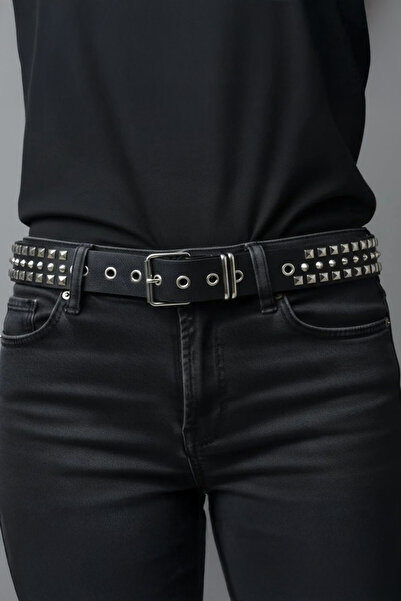 Köstebek Black Rocker Eyelet Detailed Pyramid Leather Belt