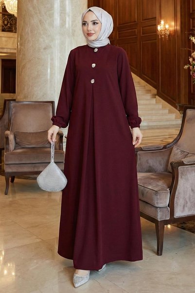 hafsamina Button Detailed a Pile Hijab Dress Burgundy Hm2889