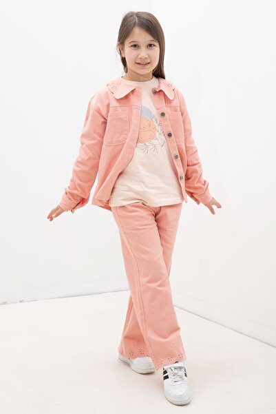 Cansın Mini Детски комплект от 3 части с детайлна сако с цвете от сьомга и па...