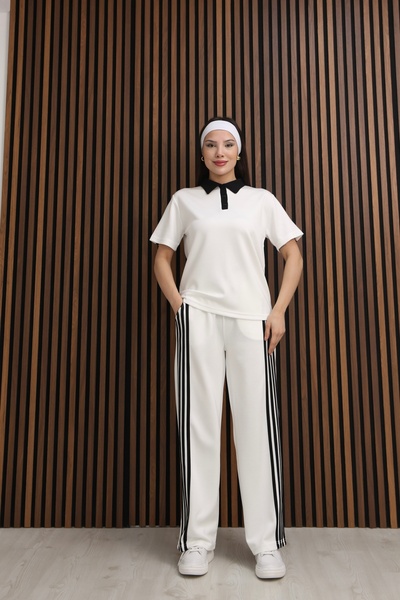 chize Button Detailed Polo Collar Striped Wide Leg Modal Fabric Tracksuit Set