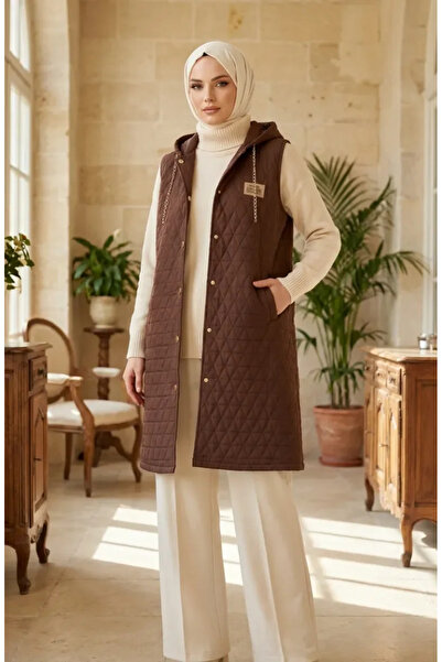 sefamerve Hooded Quilted Vest with Chain Detail 2228-02 Brown