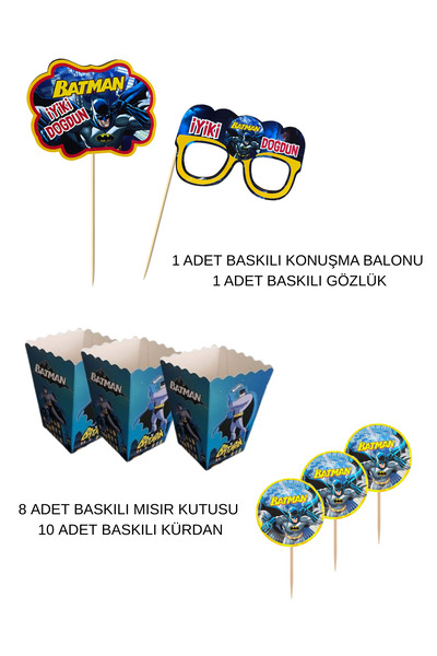 HAPPYLOOPPARTY Batman Betmen Konuşma Balonu & Gözlük Pasta Üstü Seti Mısır Ku...