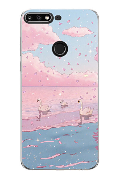 FLAMENKO Huawei Y7 2018 Compatible Pink Sky and Swan Pattern Transparent Phon...