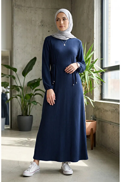 sefamerve Drawstring Gathered Ribbed Hijab Dress 2227-04 Navy Blue
