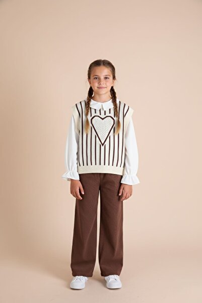 Cansın Mini Brown Heart Pattern Sweater, Shirt and Pants for Girls, 3-Piece S...