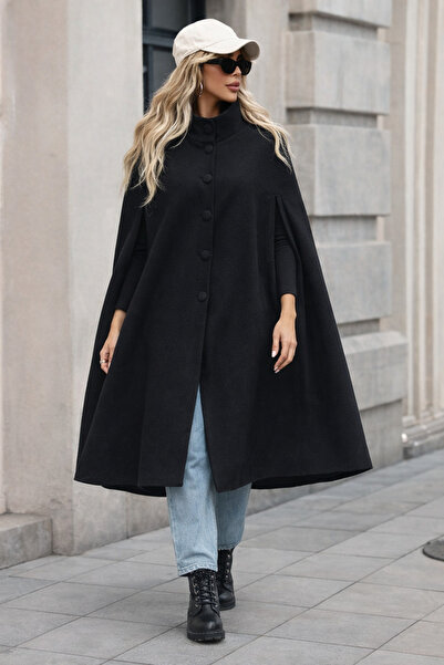 comstar Kadın Düğmeli Premium Comfort Siyah Kaşe Panço