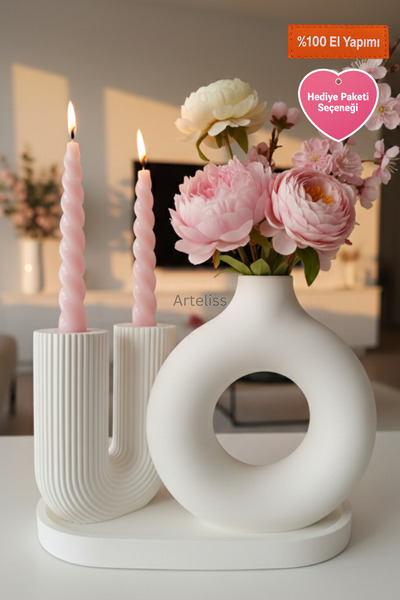 Arteliss Dekoratif Halka Vazo ve U Şekilli Çift Şamdan Mumluk Tepsi Seti – Mo...