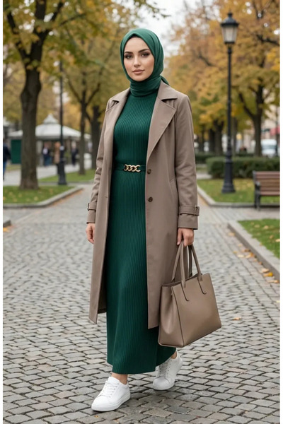 sefamerve Corded Belted Hijab Dress 2226-06 Emerald Green