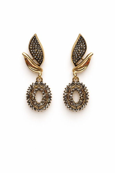 Angelovia Leaf Detailed Stoned Oval Copper Plated Women's Steel Earrings
