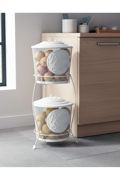 FeyzaDesign Çift Katlı Metal Sebzelik, Patates ve Soğan İçin Şık Saklama Sepeti