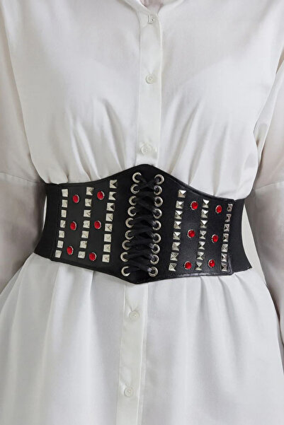 Köstebek Black Red Crystal Detailed Lace-Up Pyramid Studded Corset