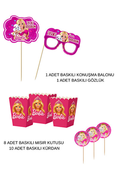 HAPPYLOOPPARTY Barbie Bebek Konuşma Balonu & Gözlük Pasta Üstü Seti Mısır Kut...