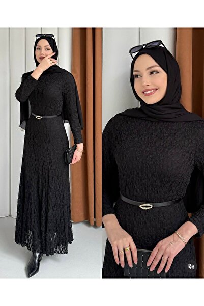 Sara Deluxe Belted Detailed Lace Textured Maxi Dress