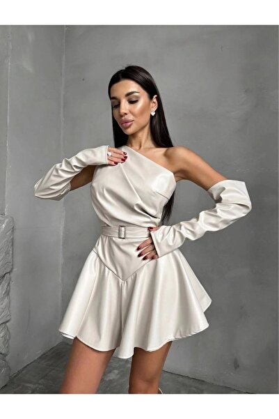 Butikcadde Leather Buckle Hidden Zipper Sleeve Details Mini Shorts Dress