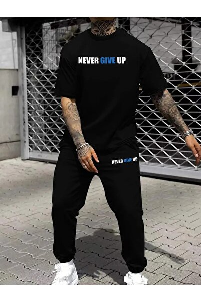 puolikuu Men's Oversize Tracksuit Set - Nevergo Printed T-Shirt - Tracksuit