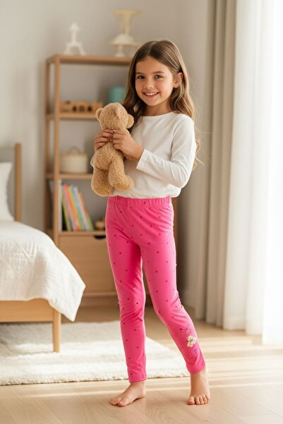 Balgüneş Tekstil Kalp & Ayıcık Detaylı Puantiyeli Kız Çocuk Tayt