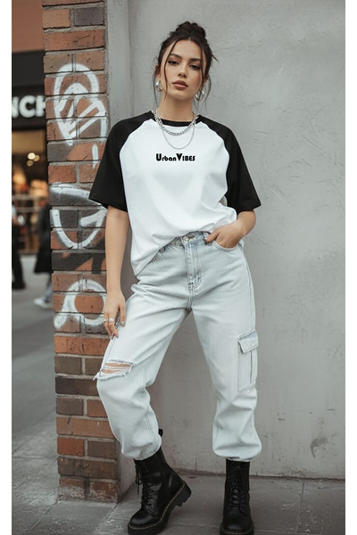KVİNS Urban Vibes Women's Black and White Raglan Sleeve Oversize Crew Neck Co...